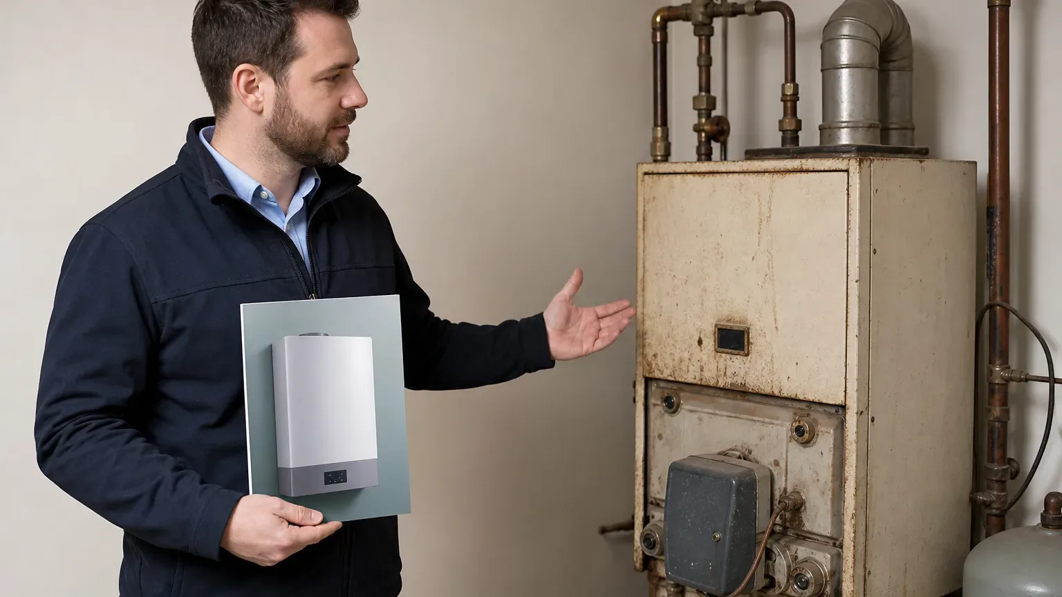 A person holds a brochure showing a modern boiler whilst gesturing towards an old, rusted heating system in a utility room.