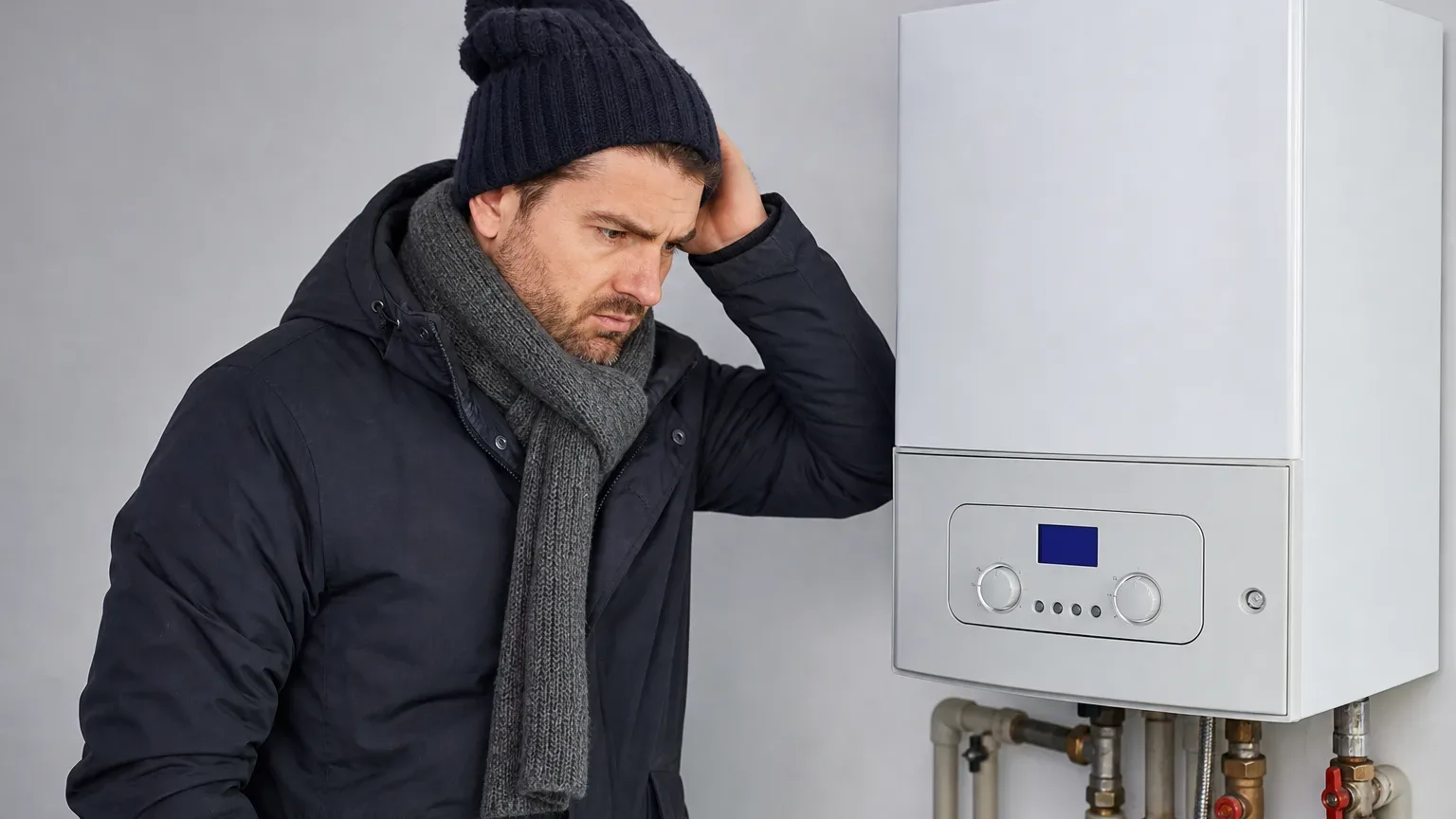 A homeowner in cold-weather clothing standing next to a boiler displaying an error code