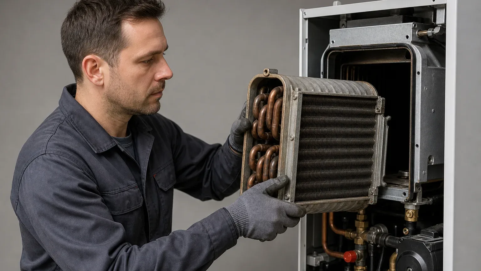 An engineer removing a boiler's internal heat exchanger for inspection