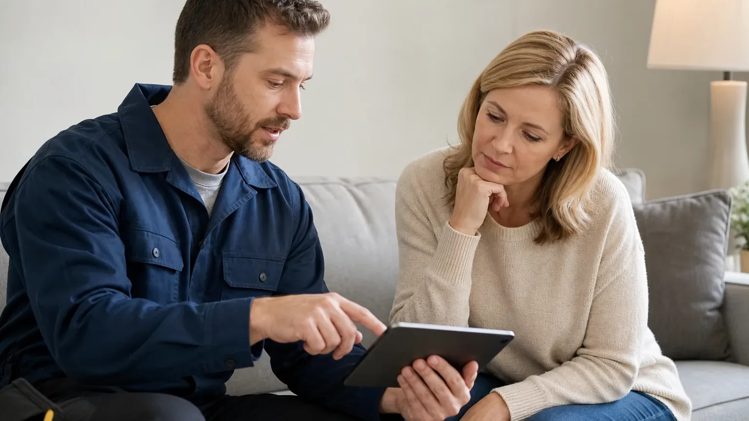 An engineer presenting a repair cost estimate on a tablet screen to a homeowner