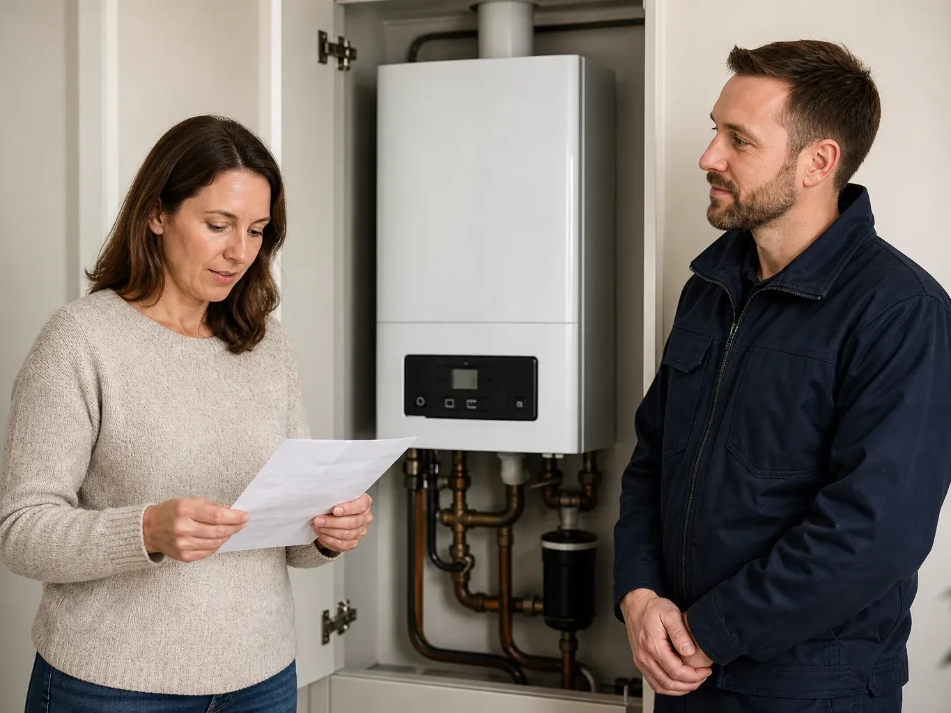 A homeowner checking a boiler warranty document while an engineer waits nearby