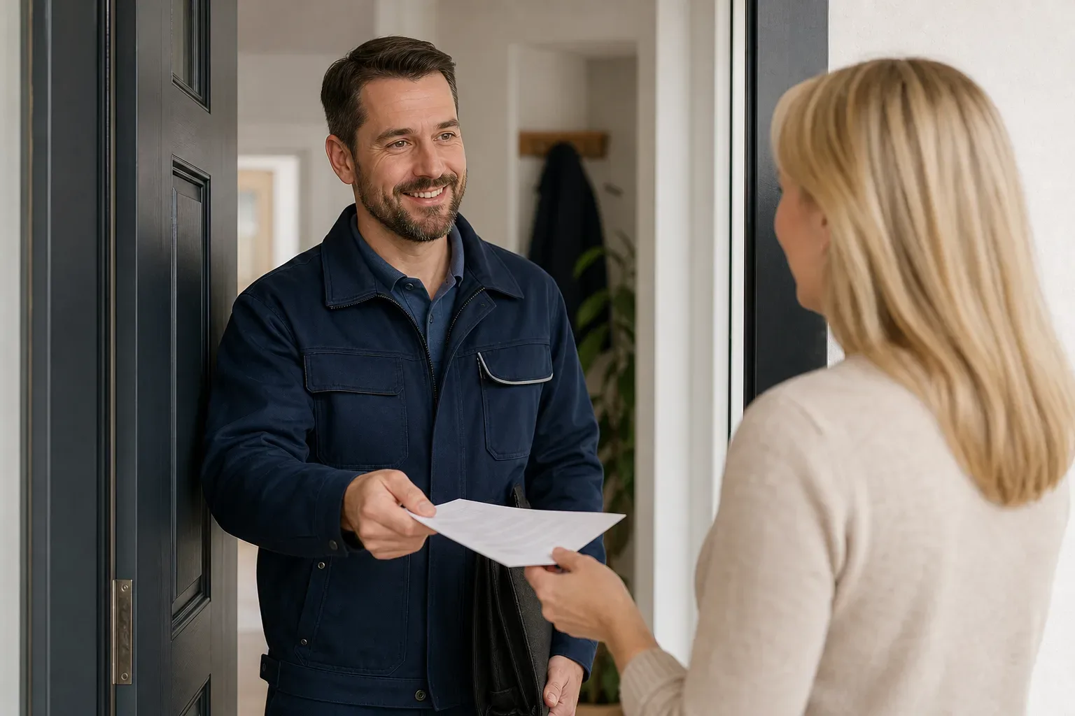 An engineer handing over a standard service invoice to a homeowner at the front door