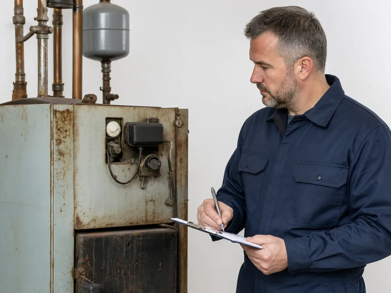An engineer assessing an older boiler model and noting its age on a survey form