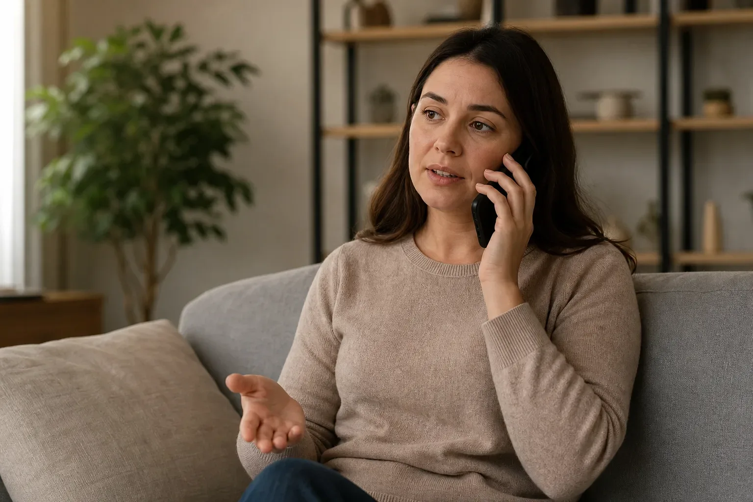 A person calling a heating company on a mobile phone while seated at home