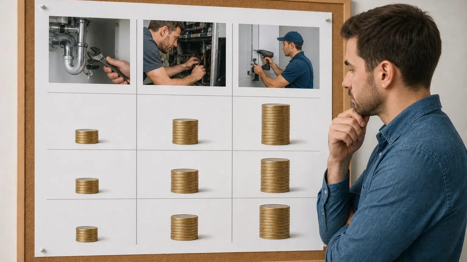 A cost comparison chart with service, repair, and installation columns pinned to a board