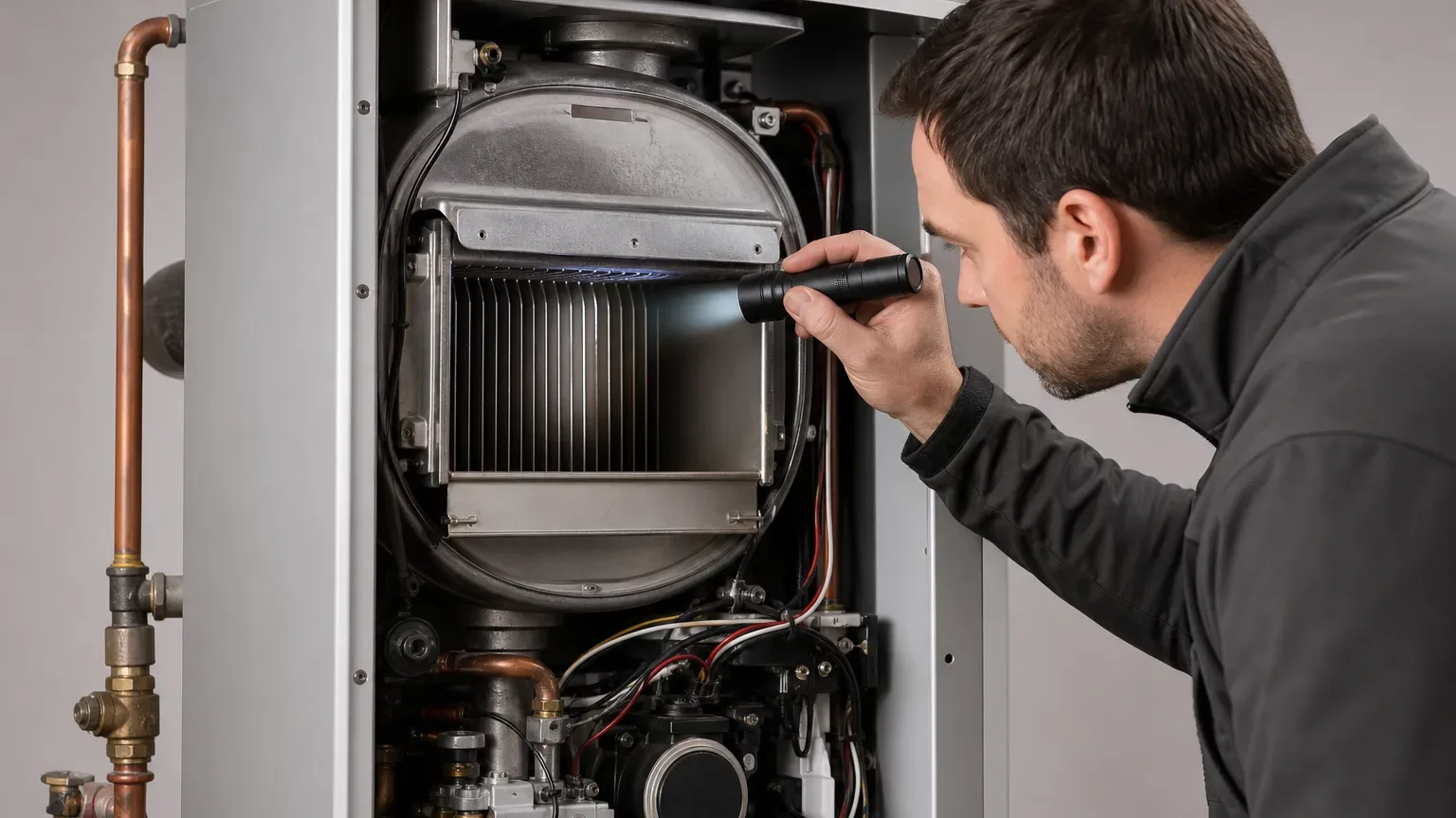 An engineer inspecting the heat exchanger inside an open boiler casing with a torch