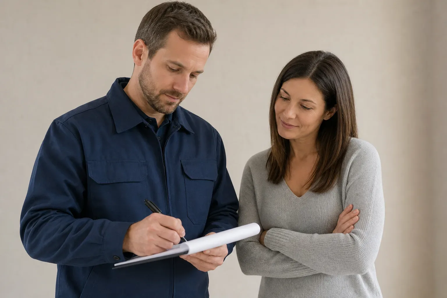 An engineer writing a service quote on a pad while the homeowner watches