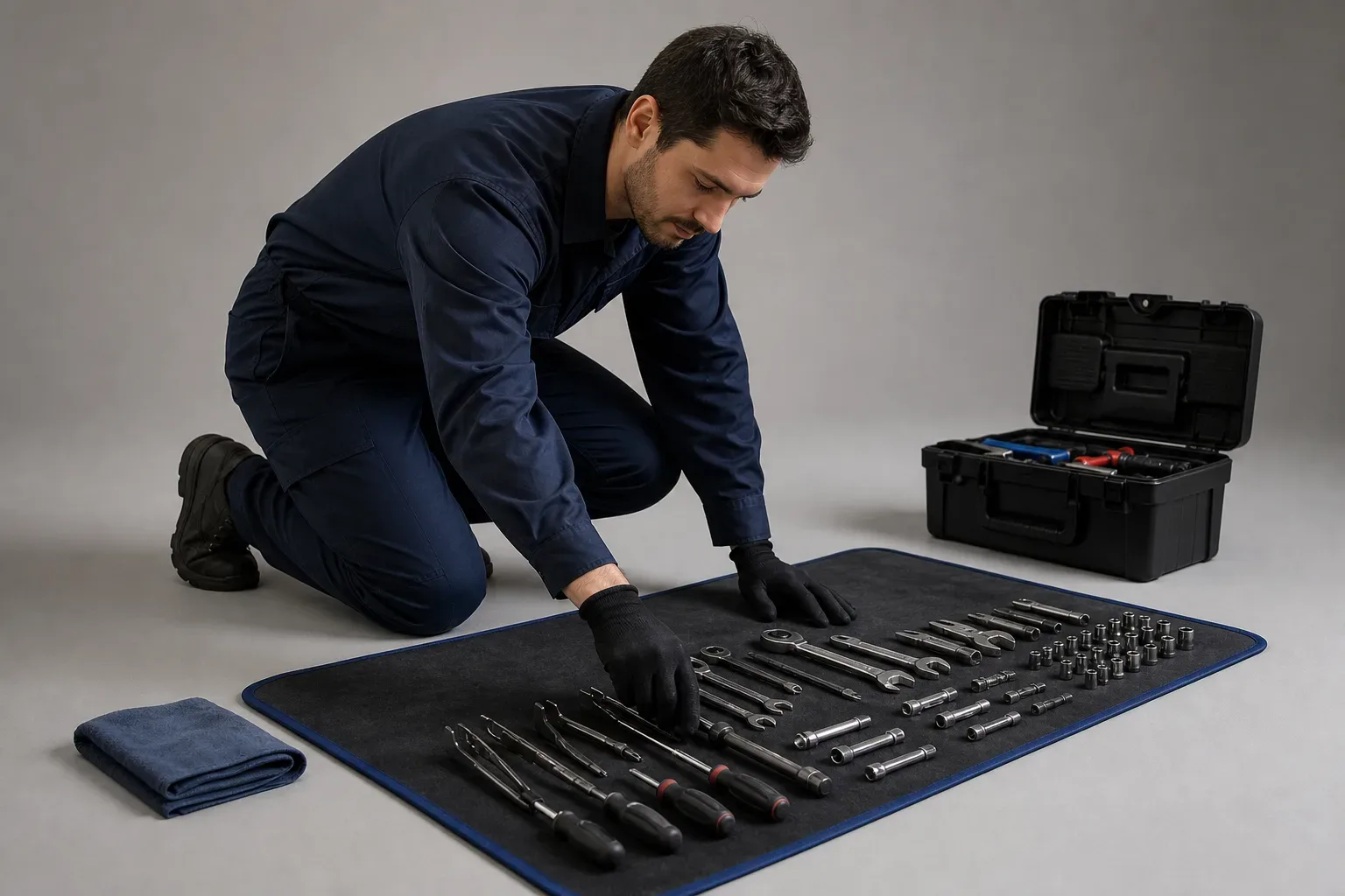 An engineer laying out service tools neatly on a protective mat before starting work