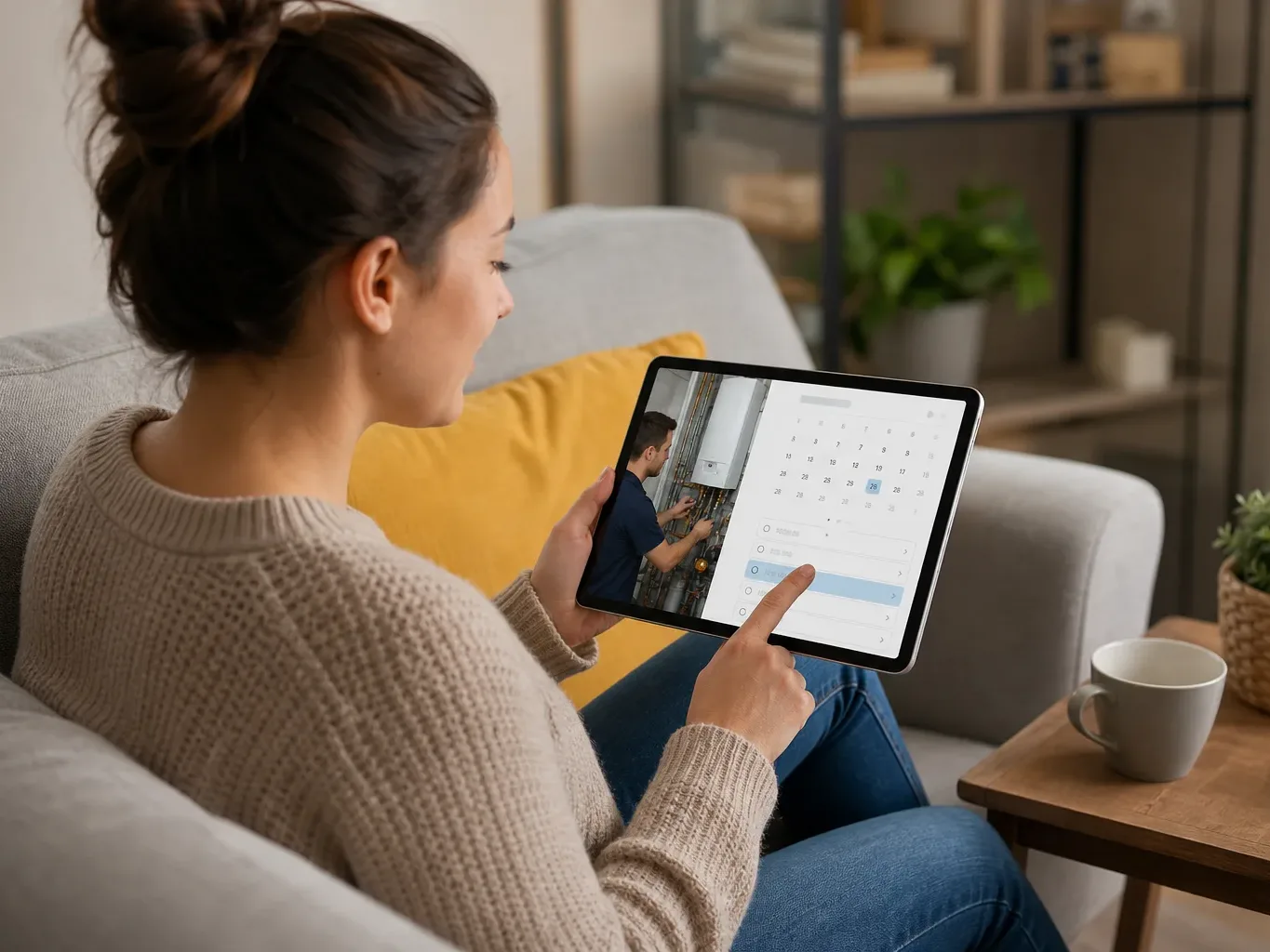 A homeowner using a tablet to select a booking slot from a heating company's website