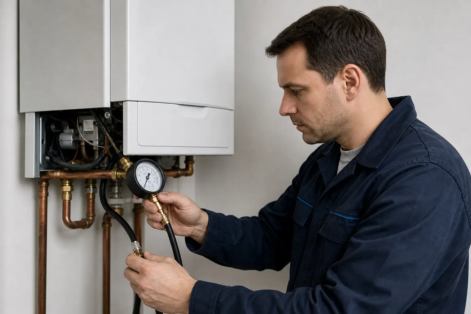 An engineer testing a boiler's gas pressure with a manometer during a service