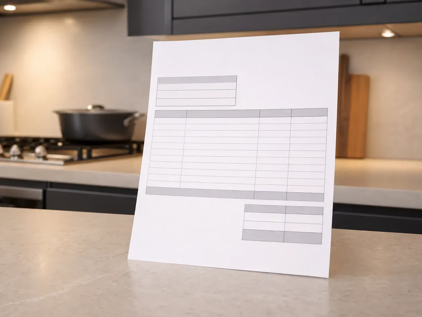 A service invoice showing standard costs placed on a kitchen worktop