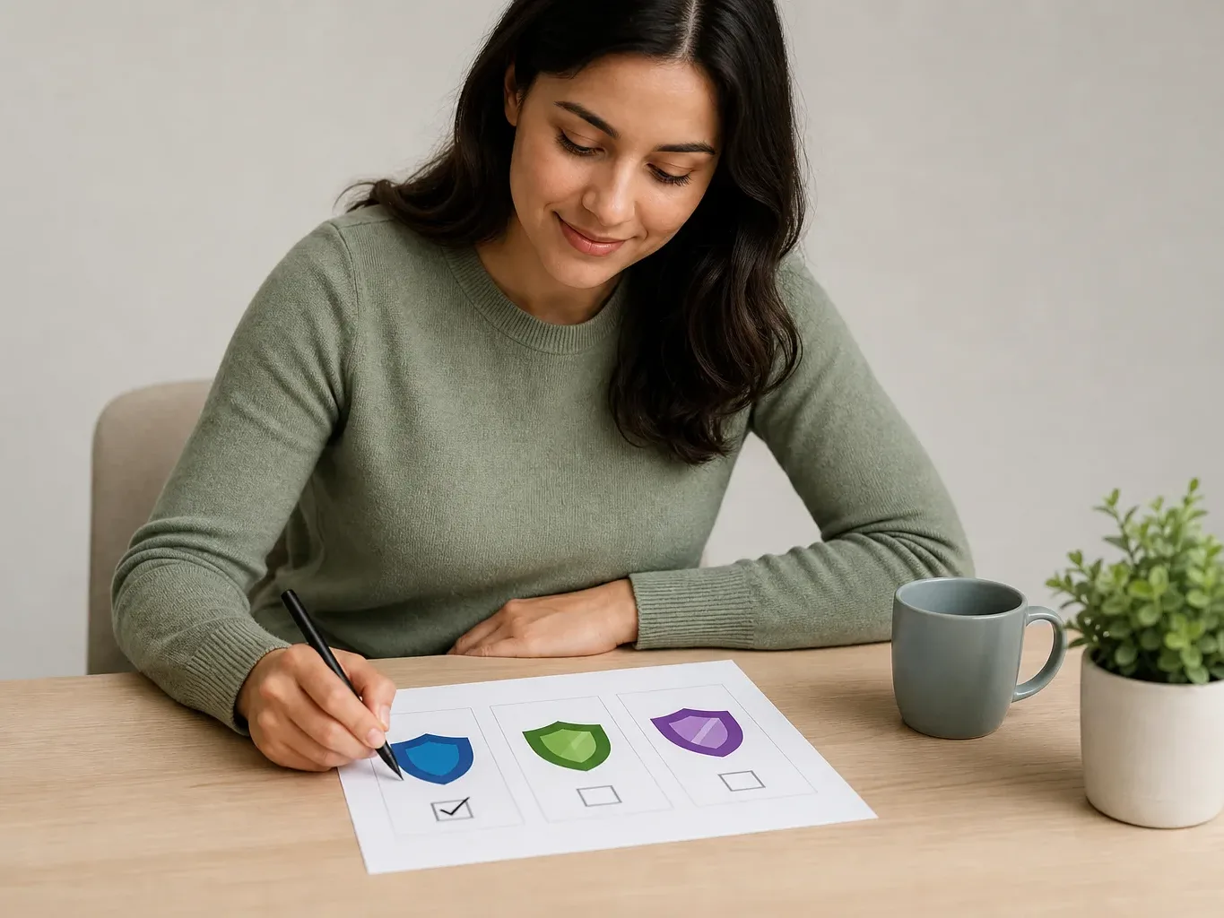 A person ticking a preferred cover plan option on a printed comparison sheet