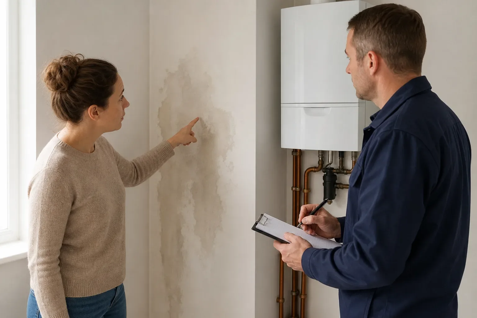 A homeowner pointing to a damp patch on a wall near a boiler while an engineer takes notes