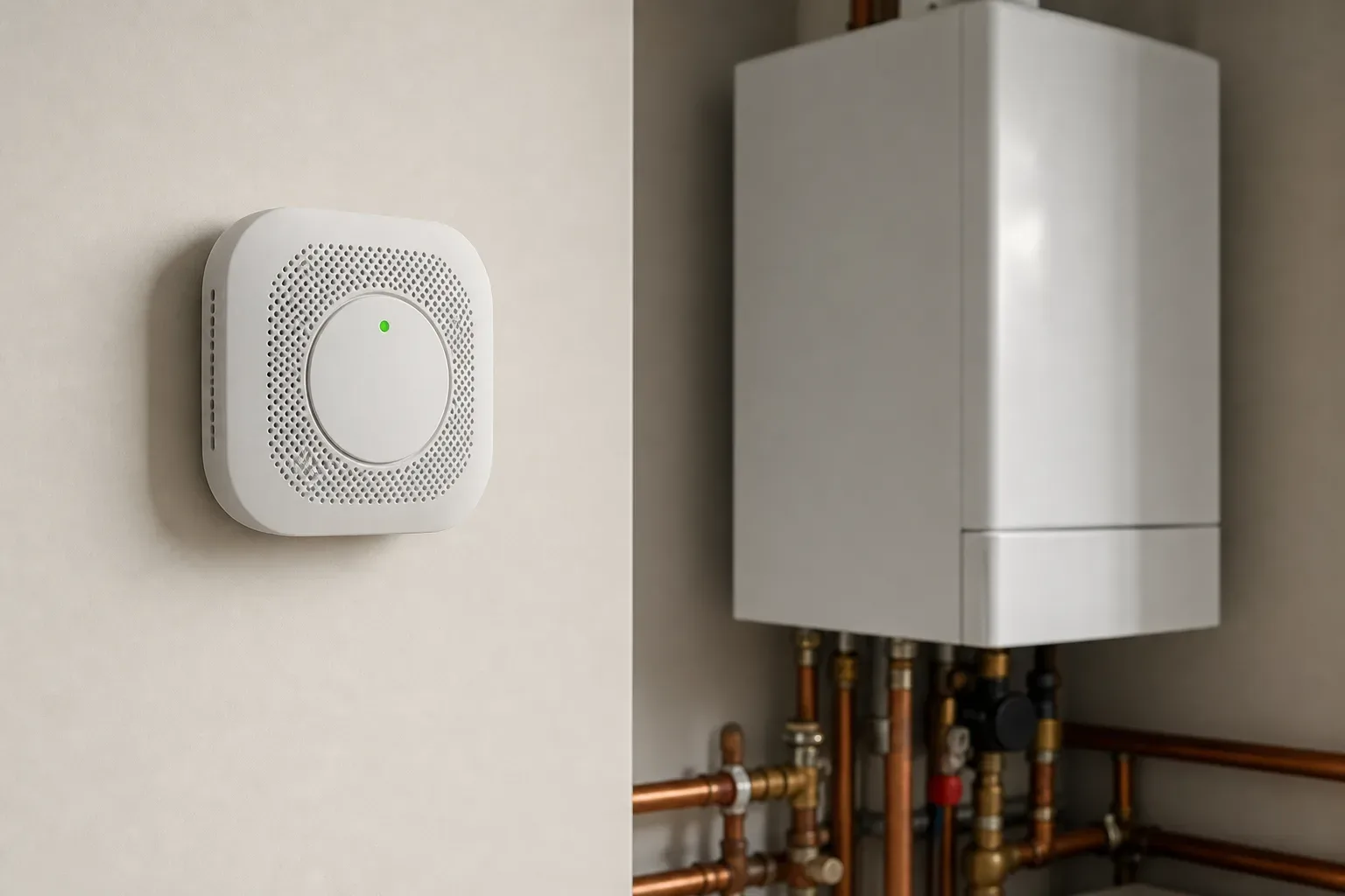 A carbon monoxide detector mounted on a wall near a boiler with a green safe indicator light