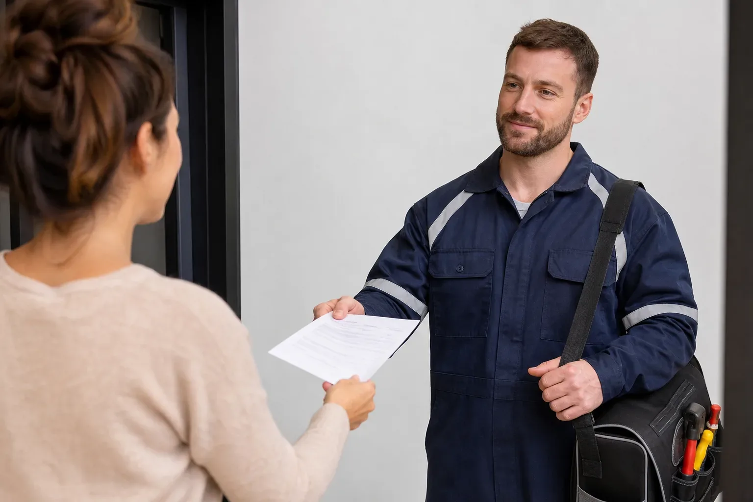 A neatly itemised service receipt being handed to a homeowner by an engineer