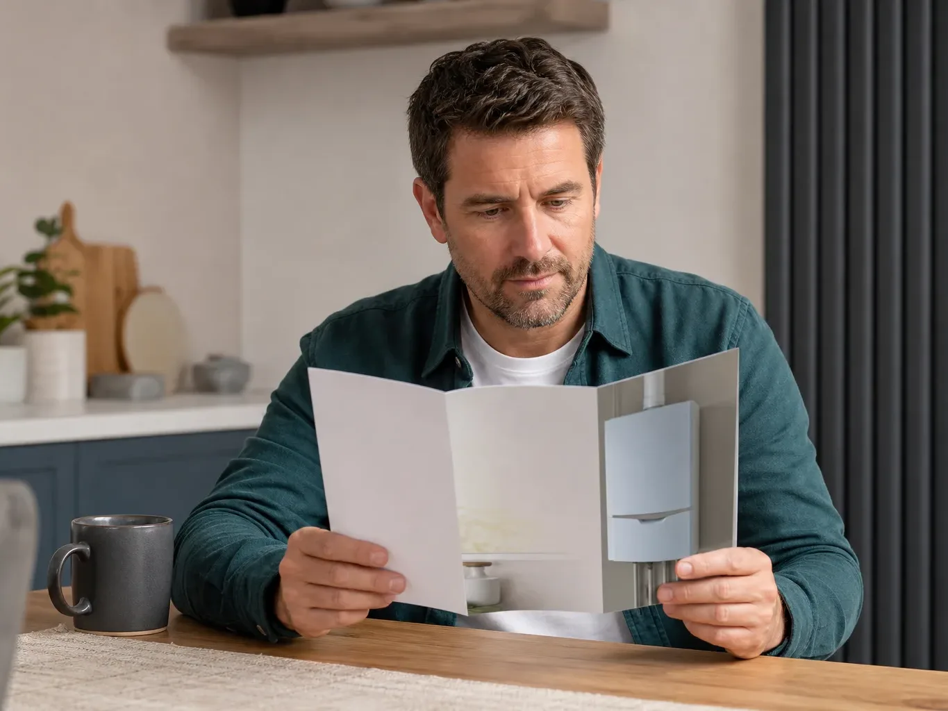 A homeowner reviewing a multi-year boiler service plan leaflet at a kitchen table
