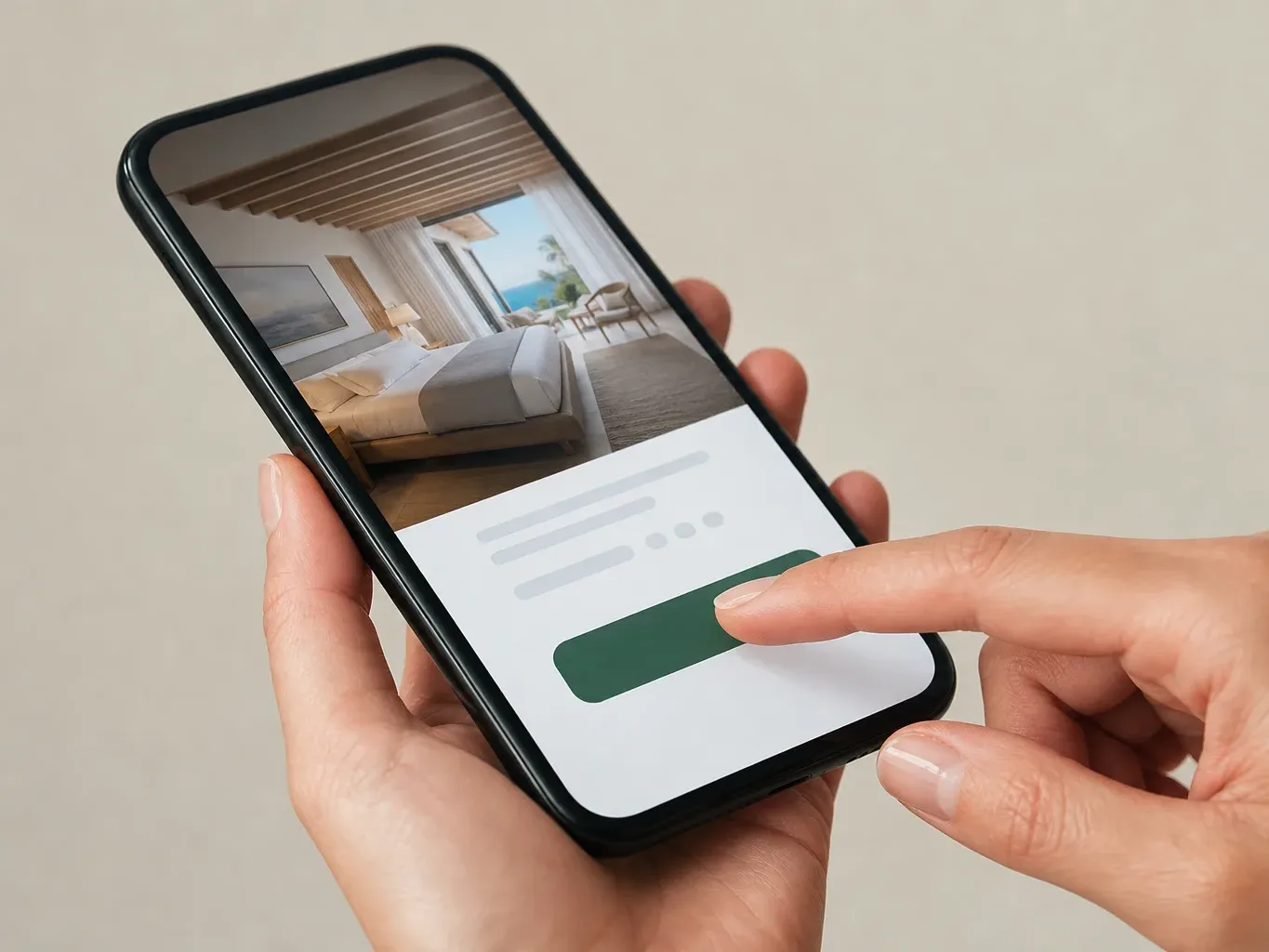 A close-up of a finger tapping a 'Book Now' button on a smartphone screen