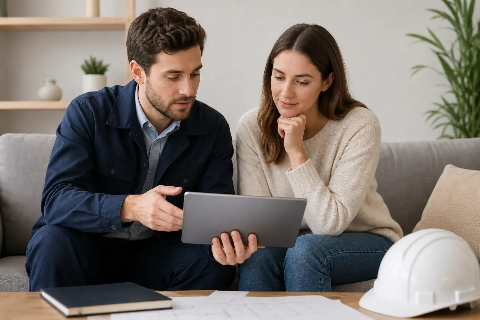 An engineer presenting a total cost figure on a tablet to a homeowner in a living room