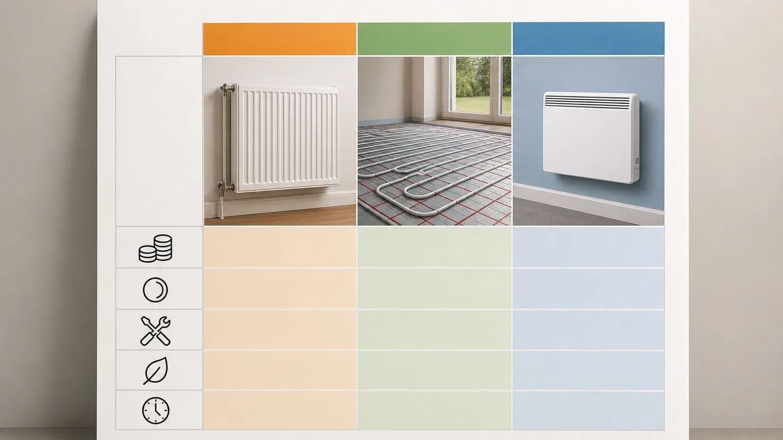 A printed table comparing costs for wet radiator, underfloor, and electric heating systems