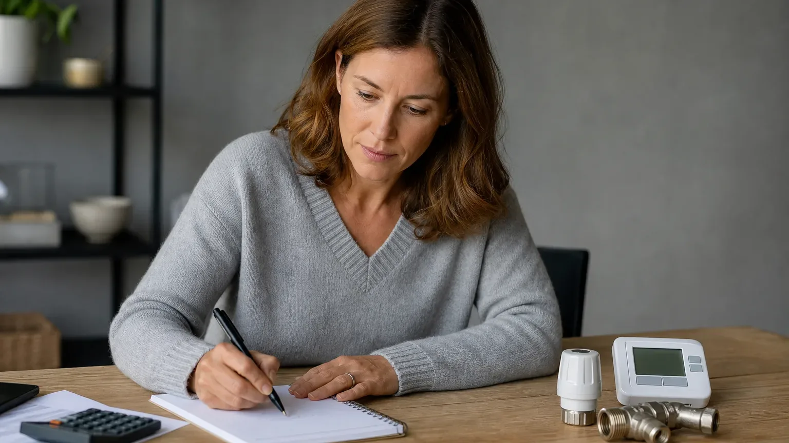 A homeowner annotating a cost list with extra items such as thermostat and valve upgrades