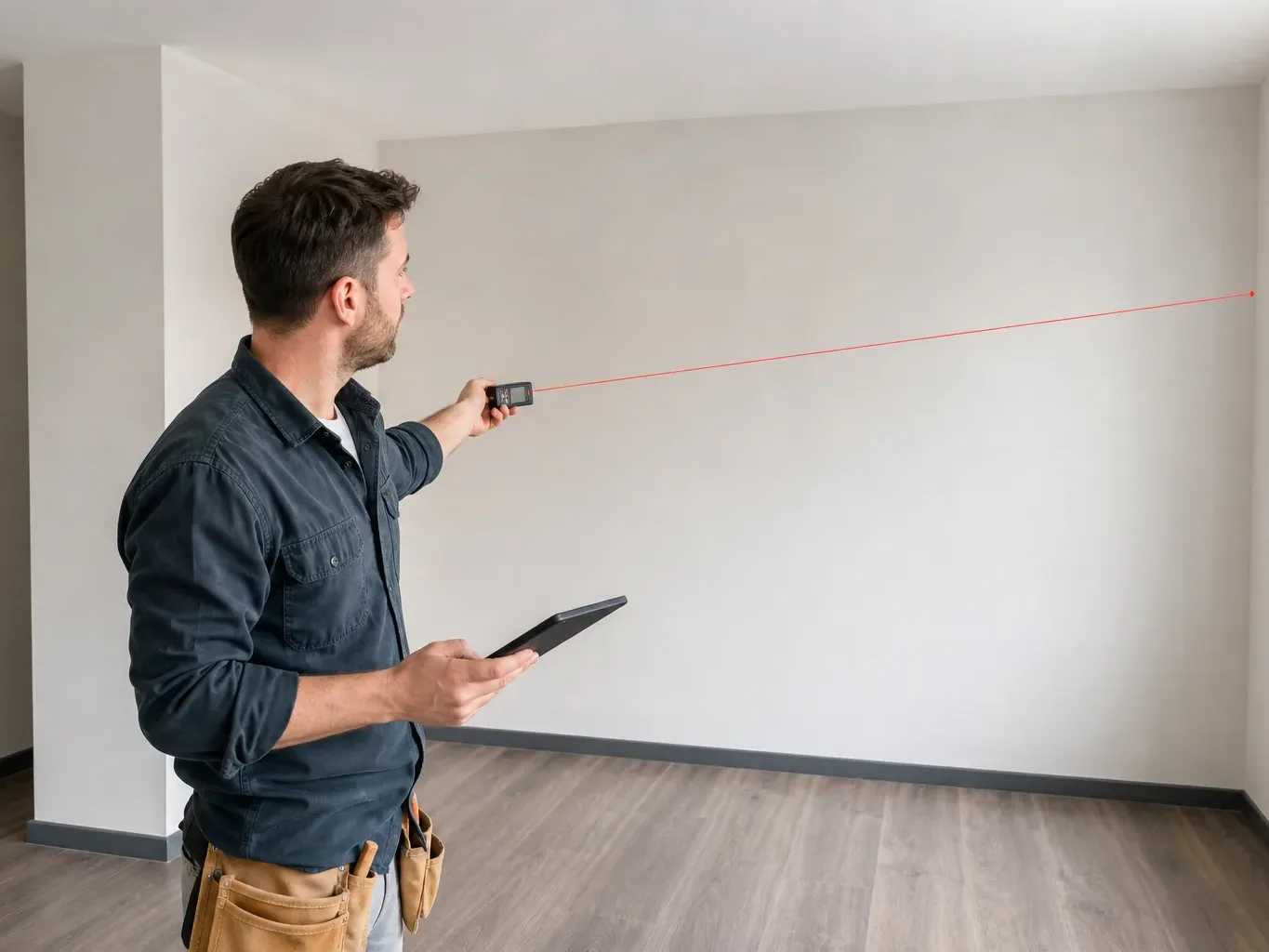 An engineer measuring room dimensions with a laser measure to prepare a heating quote