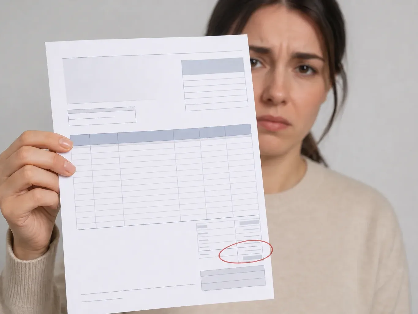 An emergency repair invoice with an out-of-hours surcharge circled in red
