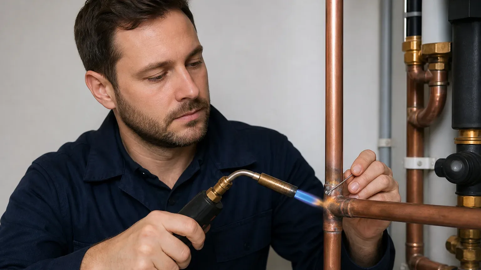 An engineer soldering copper pipe joints as part of a new central heating installation