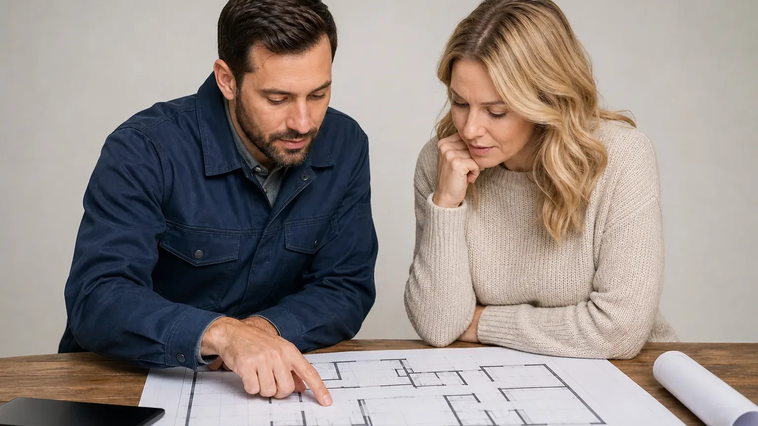 An engineer and homeowner reviewing a property floor plan to estimate installation scope