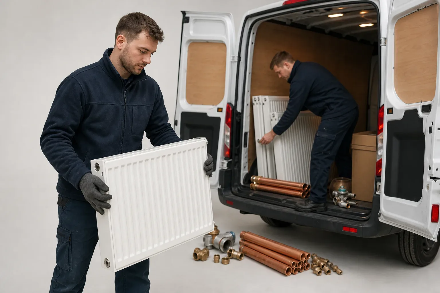 Engineers unloading radiators and pipework from a van at the start of an installation day