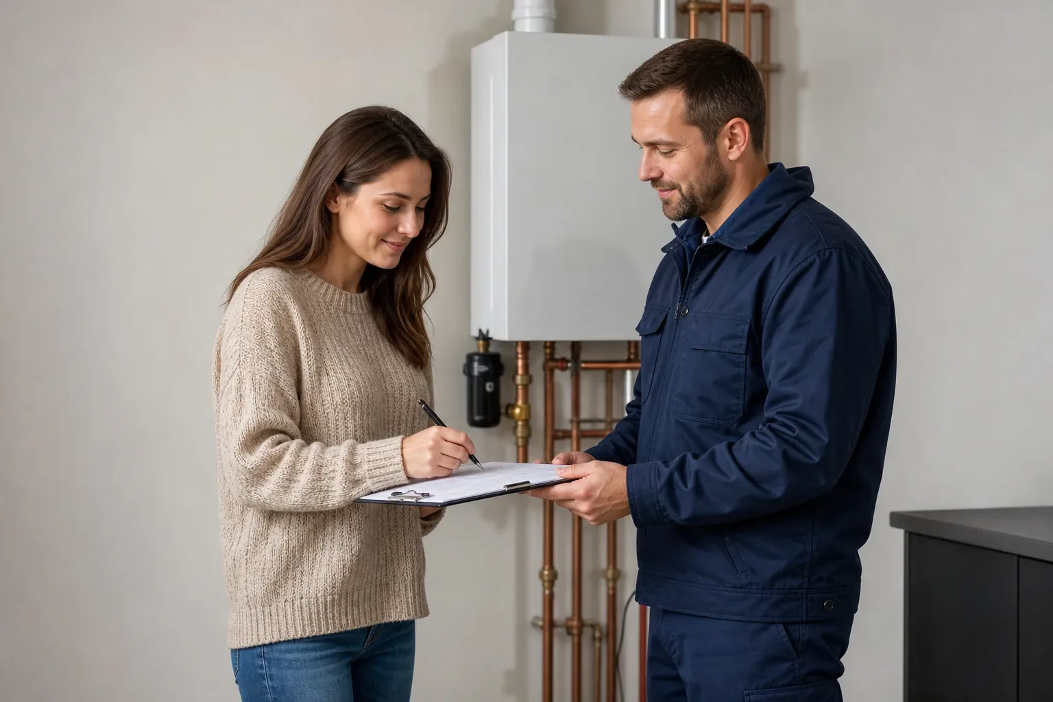 A homeowner signing a central heating installation contract handed to them by an engineer