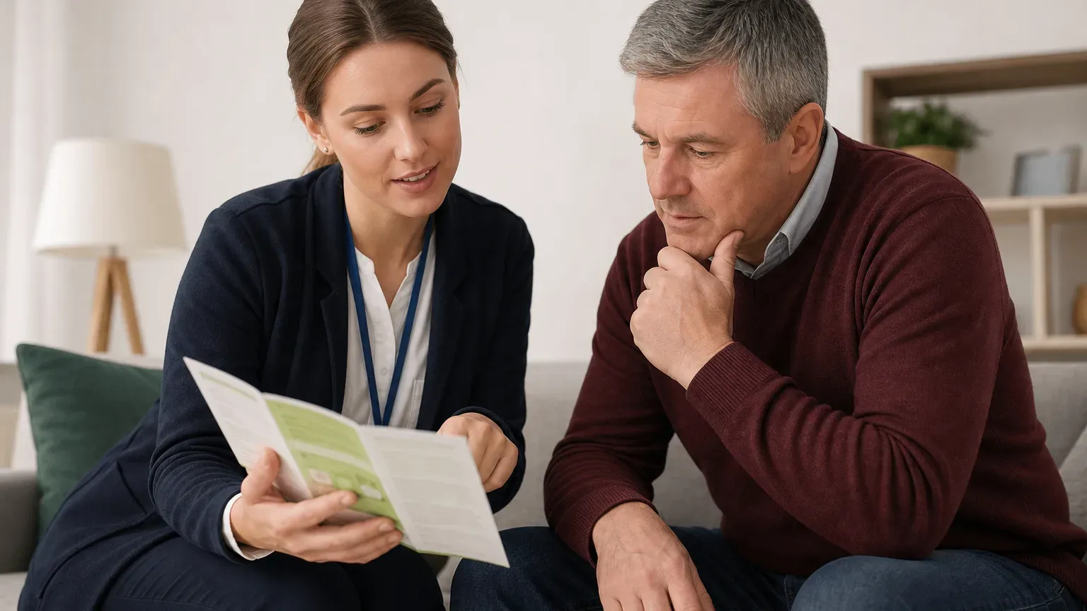 An advice worker explaining ECO4 scheme details to a homeowner using a printed guide