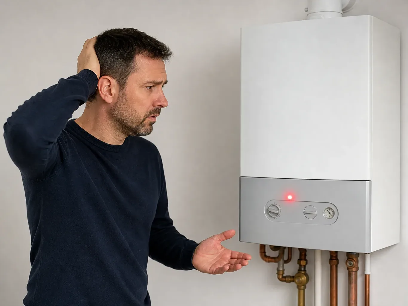 A boiler with a red fault warning light illuminated and no heating controls responding