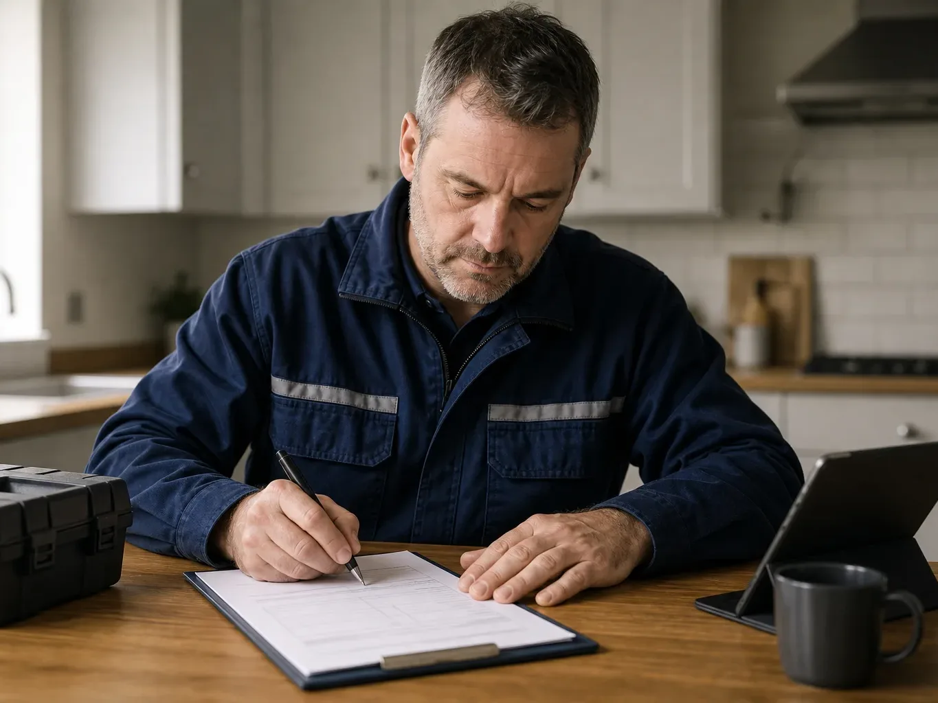 An engineer writing an emergency call-out charge on an invoice at a kitchen table