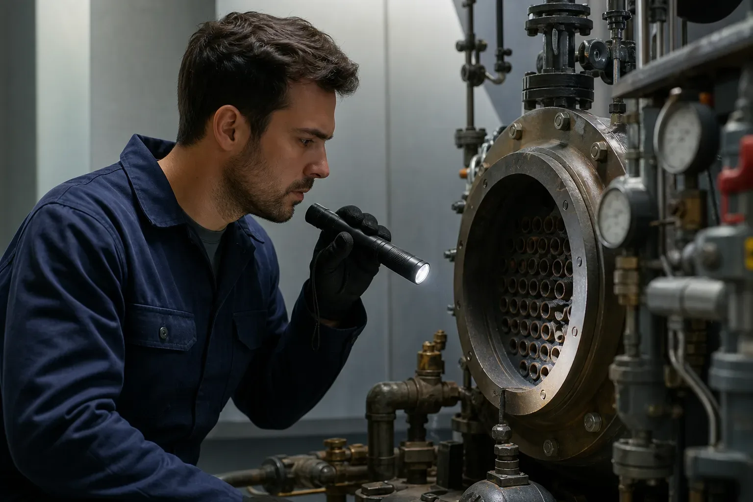 An engineer conducting a preventive check on boiler components with a torch