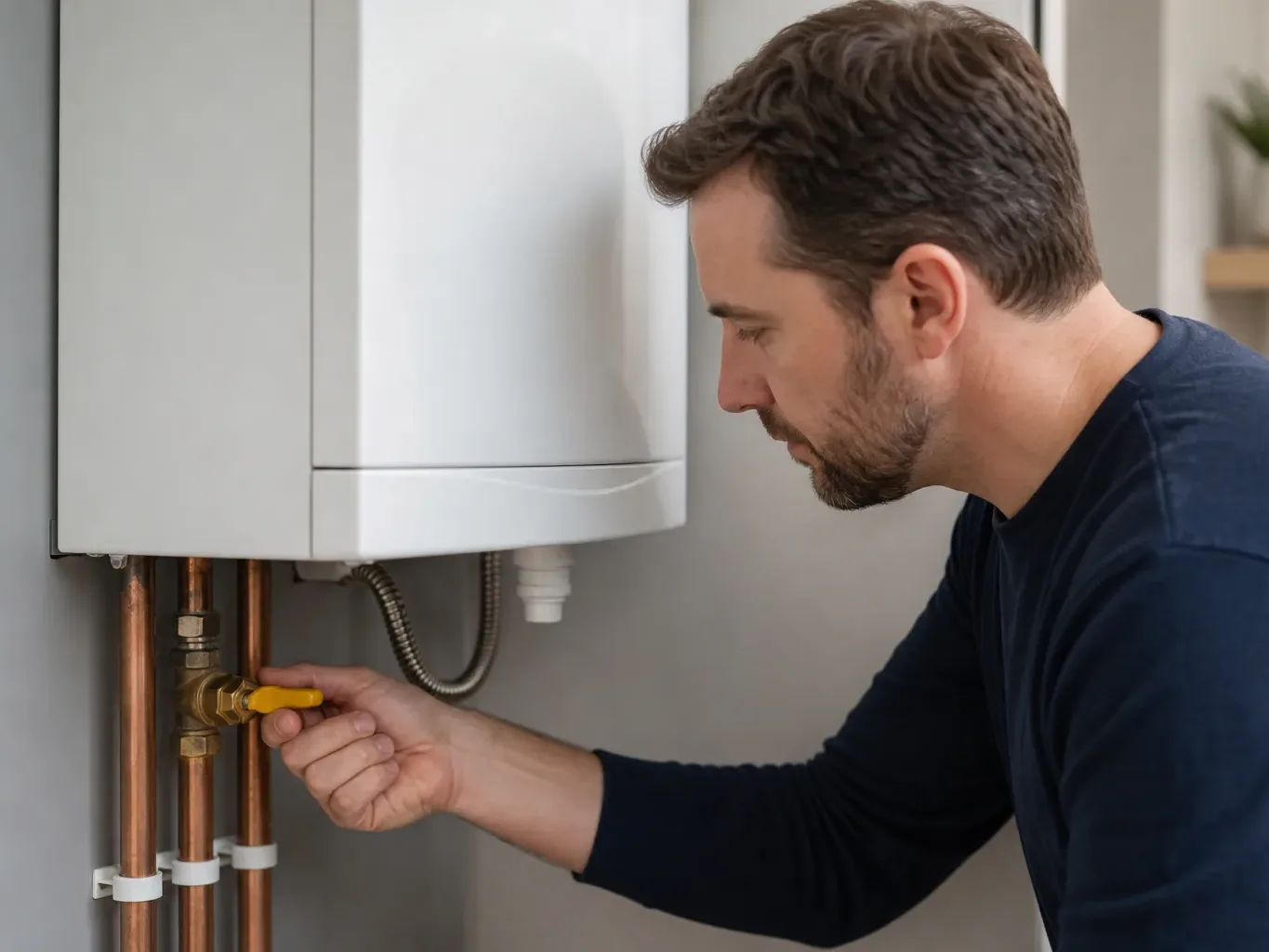 A homeowner turning off a gas isolation valve beneath a boiler as an emergency precaution