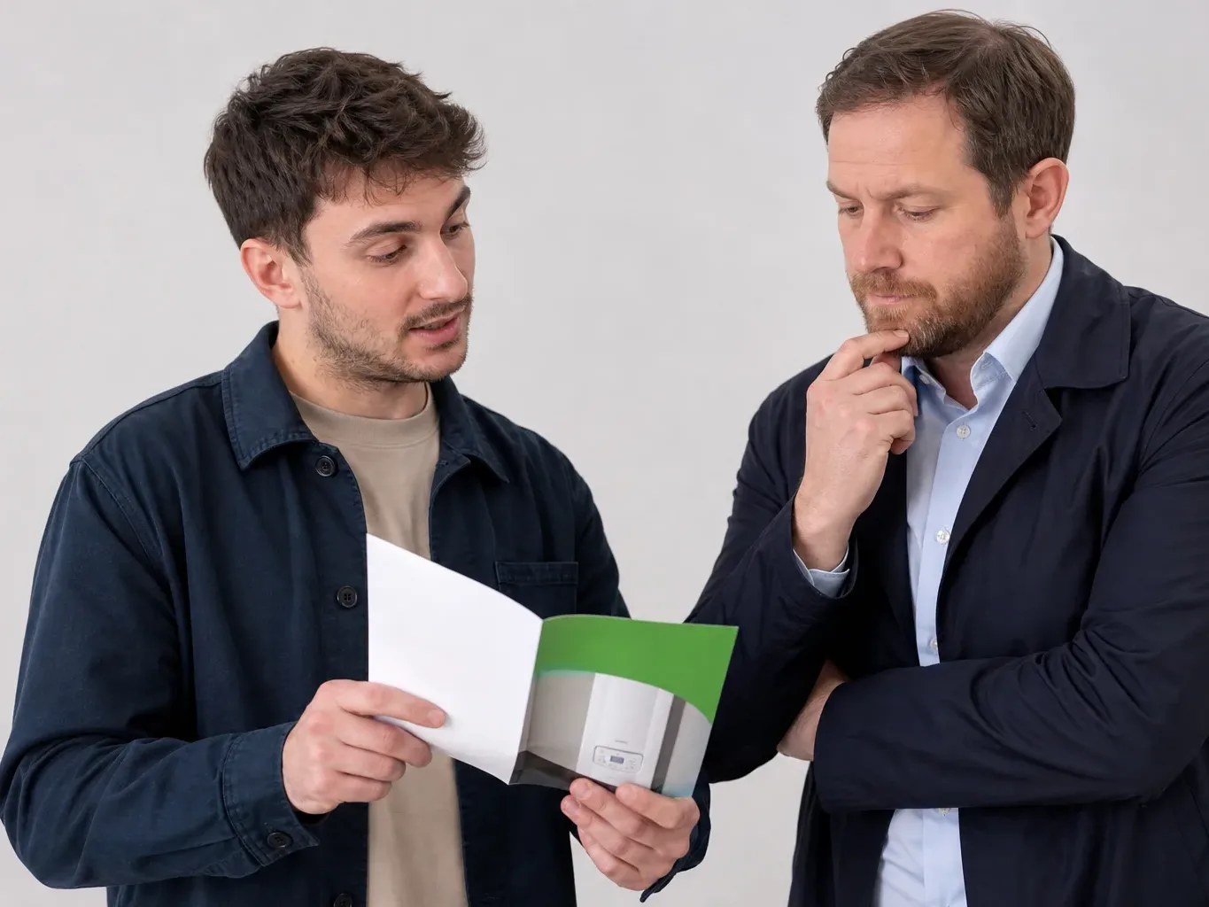 A tenant showing a landlord a free boiler scheme information leaflet