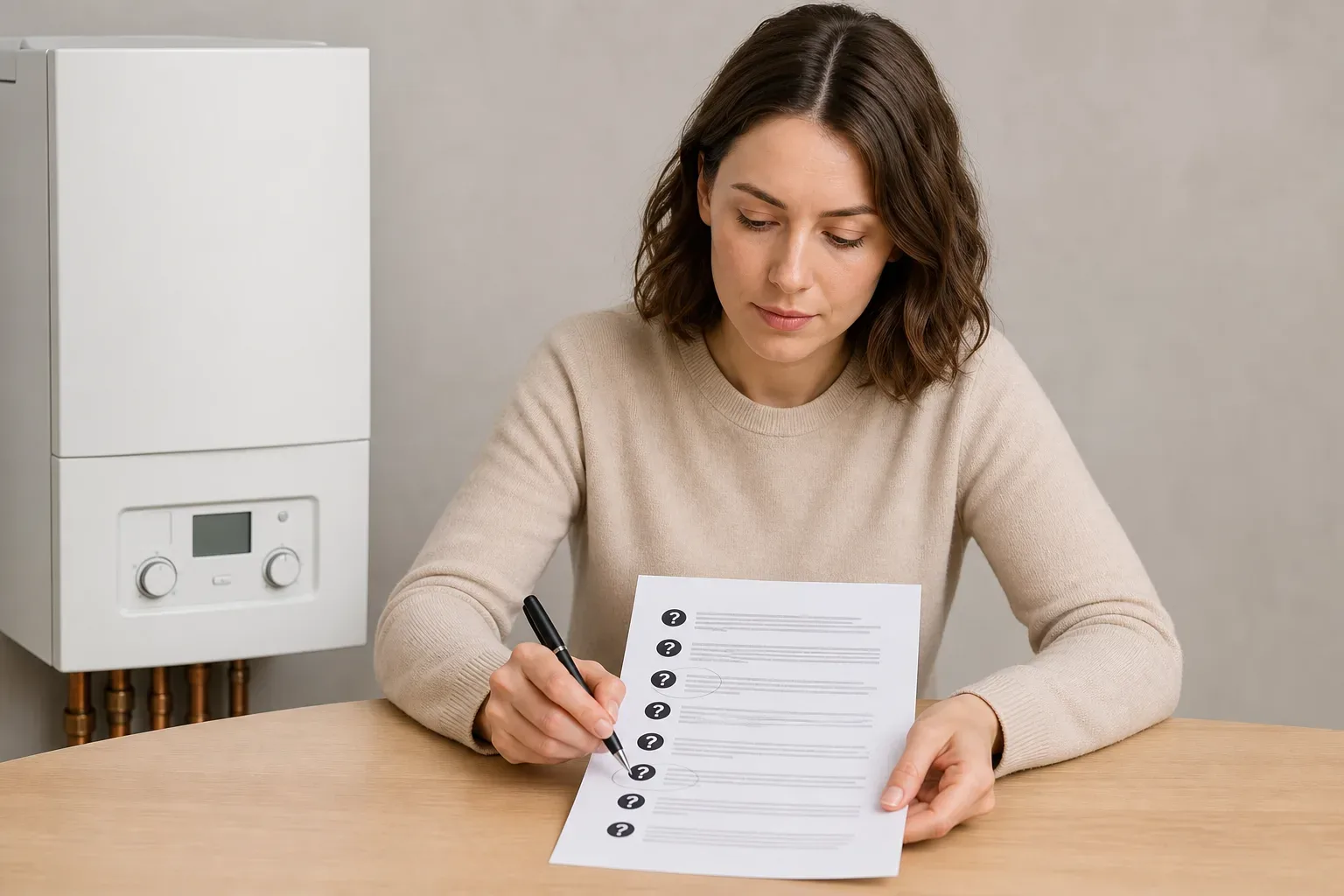 A person circling questions on a printed free boiler scheme FAQ document with a pen