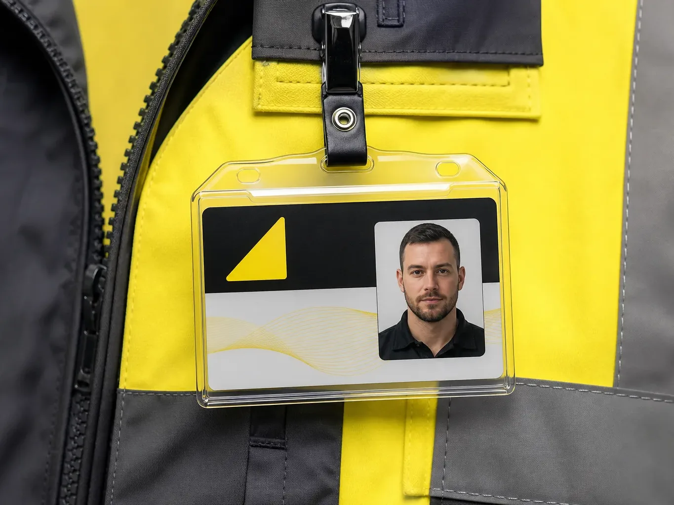 An engineer's official Gas Safe ID badge displayed against a hi-vis jacket