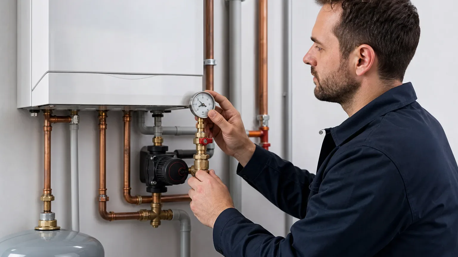 A technician checks a pressure gauge on a boiler's copper pipework in a utility room.