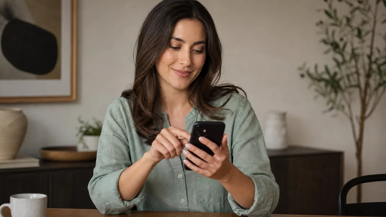A homeowner booking an appointment on a smartphone while seated at a dining table