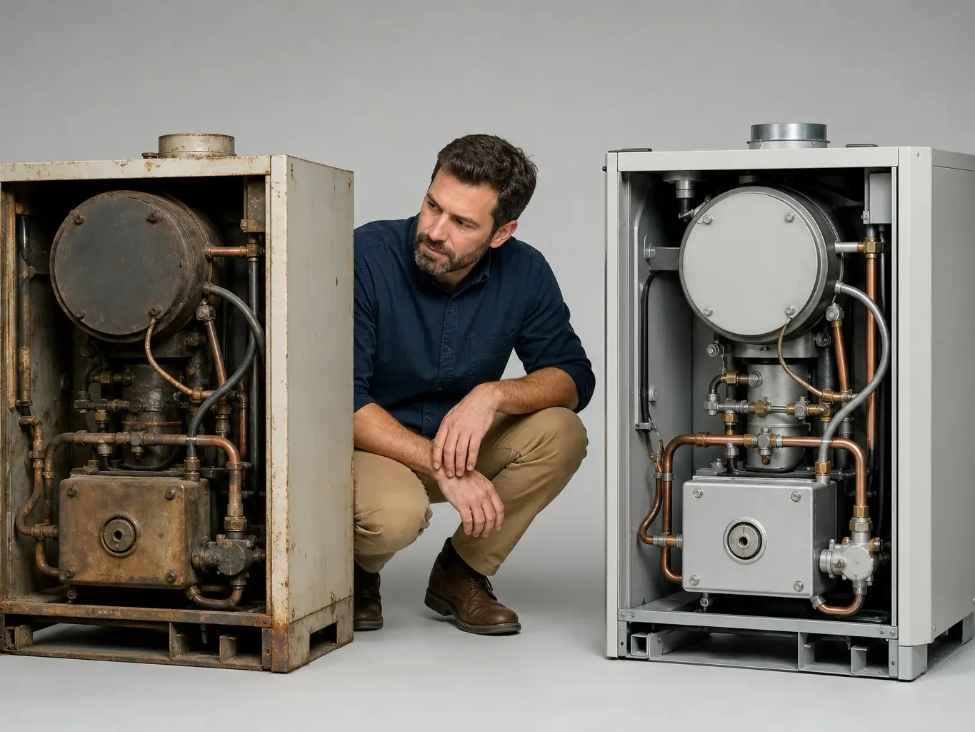 An engineer comparing an old boiler unit with a new identical replacement unit side by side