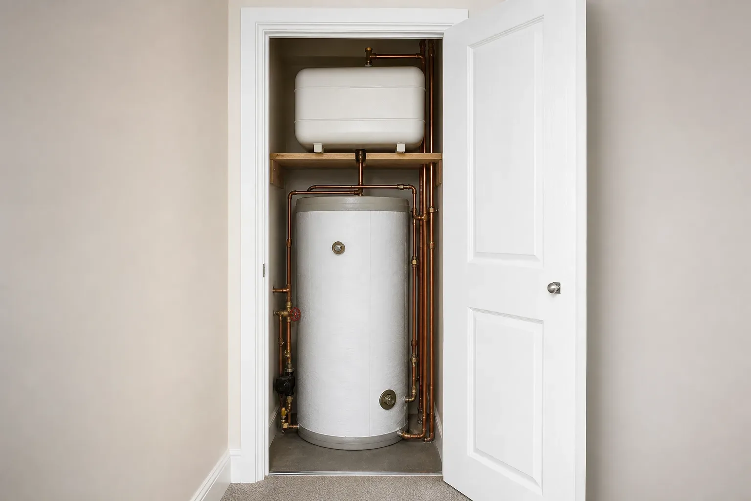 A hot water cylinder and feed tank in an airing cupboard representing a heat-only setup