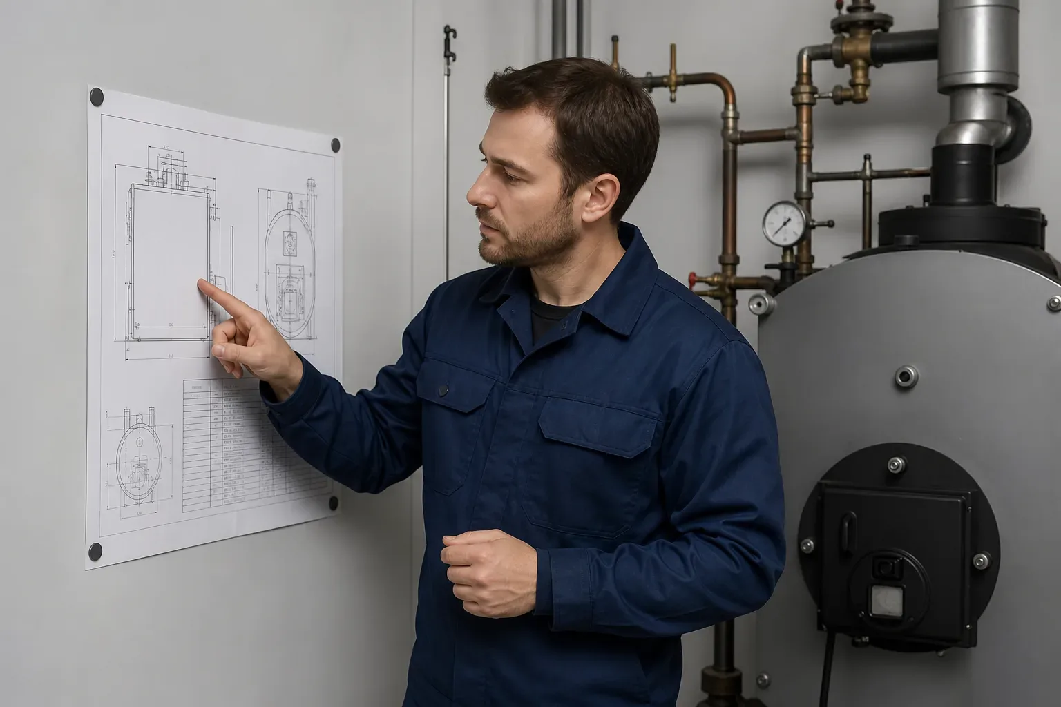 An engineer pointing to specifications on a boiler data sheet attached to a wall