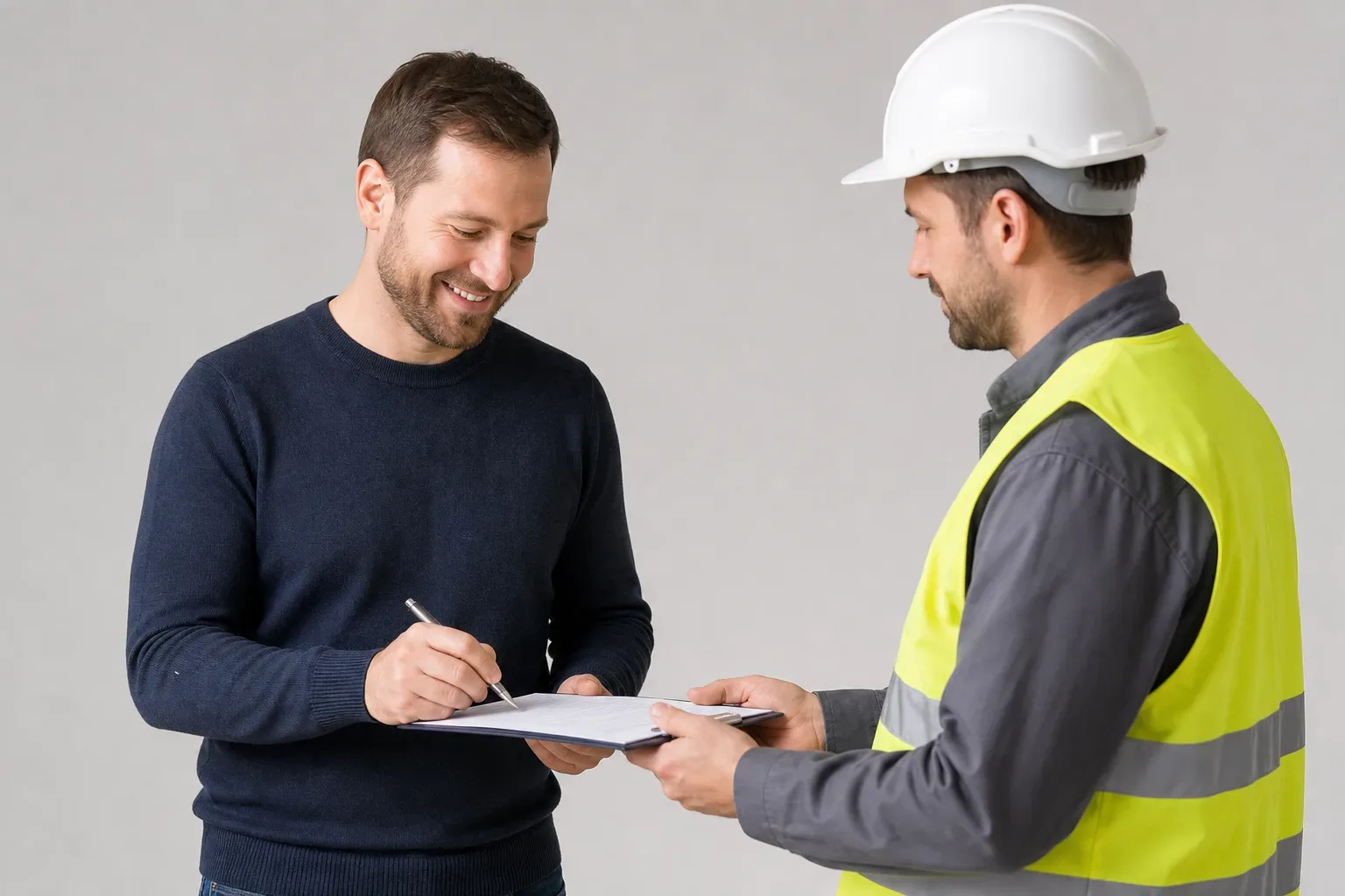 A landlord signing a compliance checklist handed over by an engineer