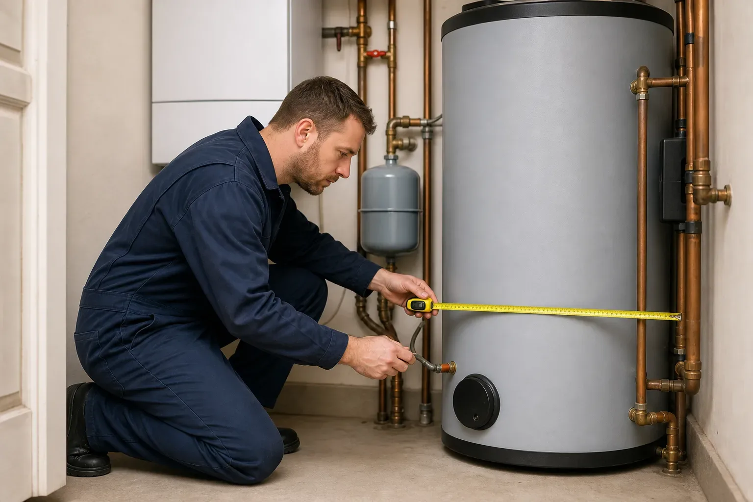 An engineer measuring the boiler space with a tape measure before quoting