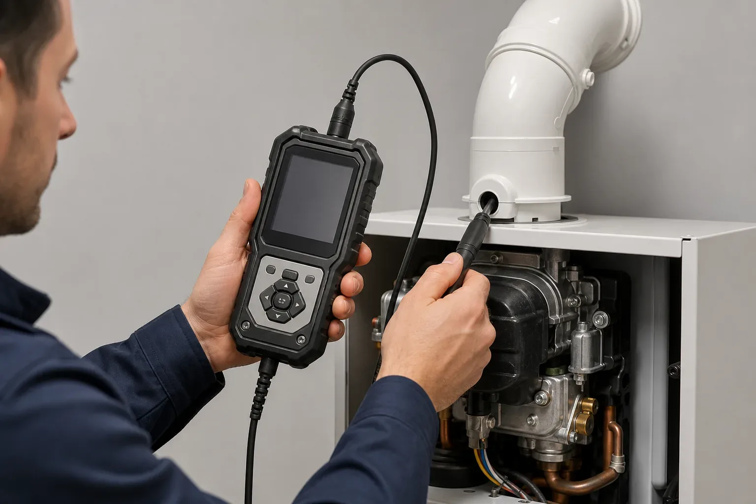 A close-up of an engineer's hands using a digital analyser tool connected to a boiler flue
