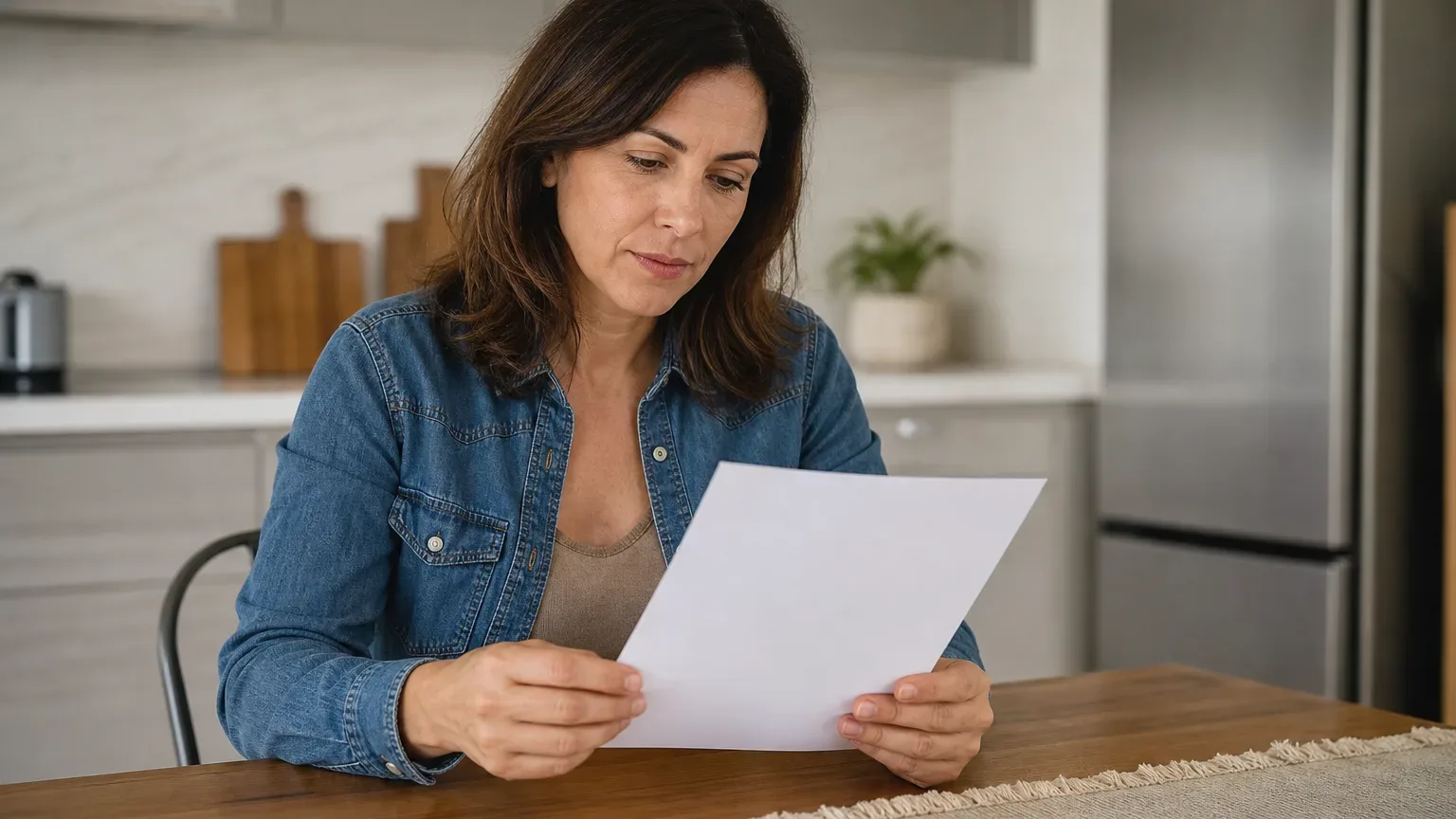 A homeowner reviewing a printed service agreement document at a kitchen table