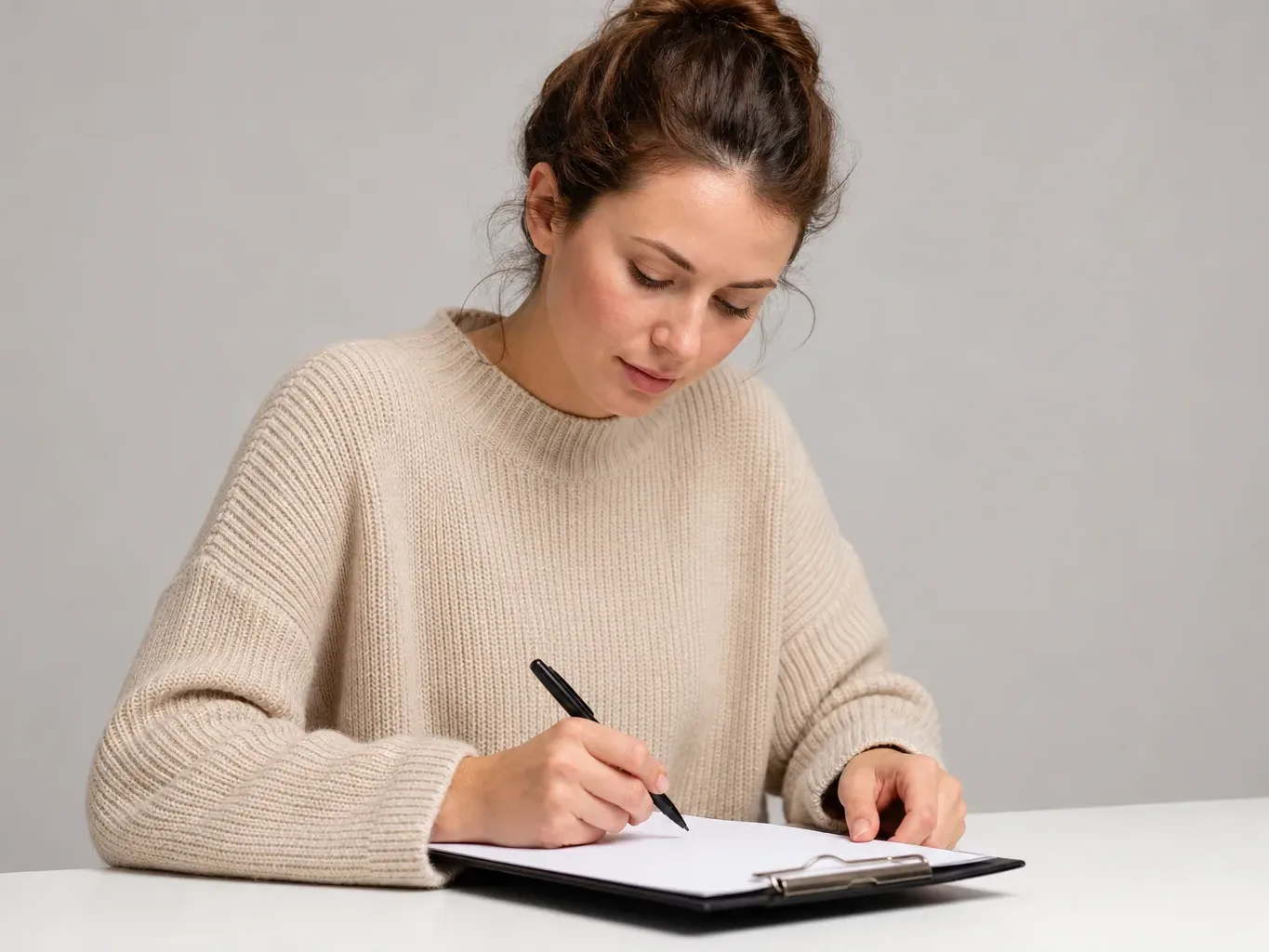 A person filling out a grant application form on a clipboard