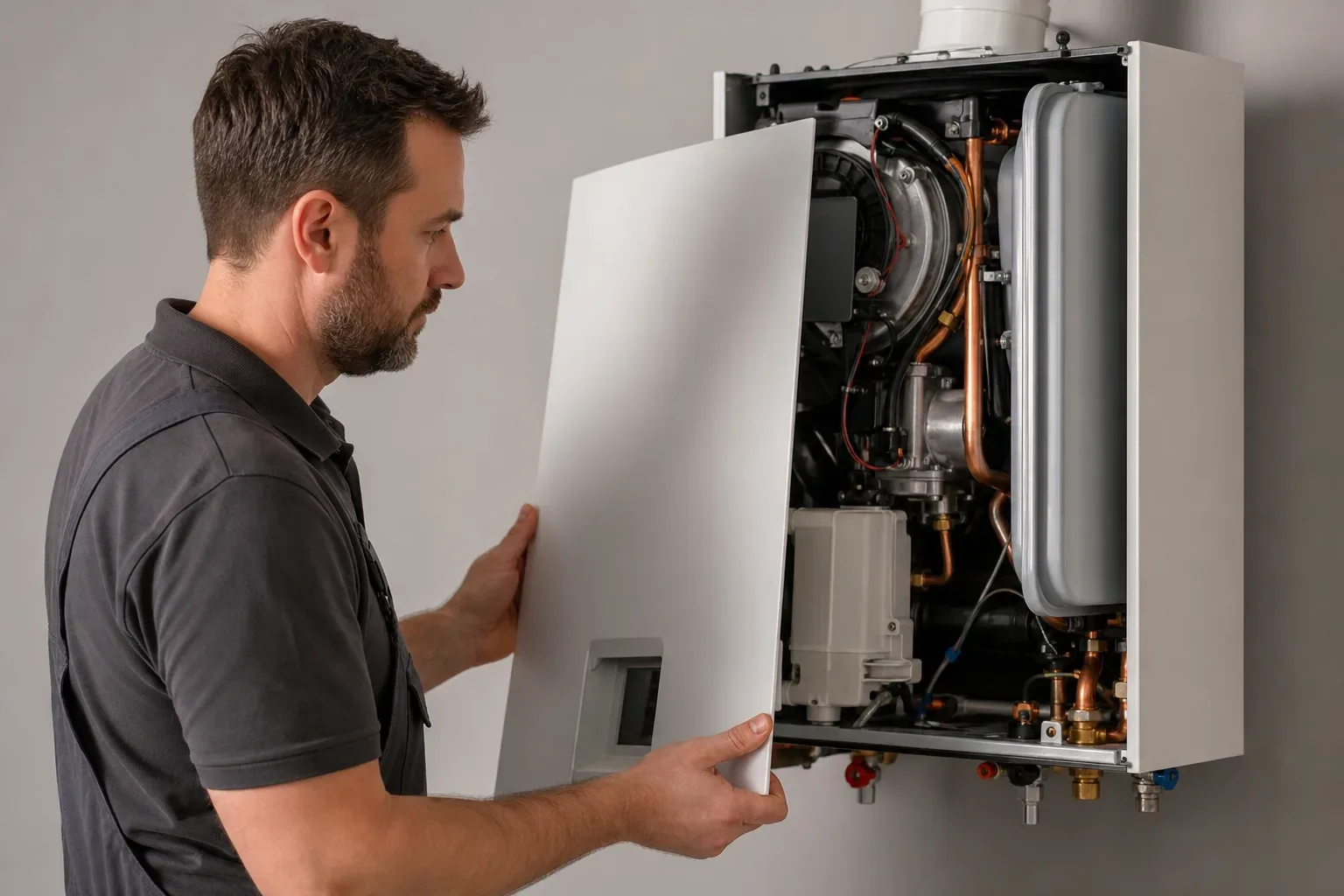 An engineer removing the front casing panel of a boiler to inspect internal components