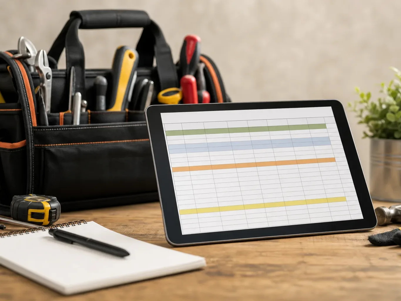 A tablet displaying a cost breakdown spreadsheet resting on a workbench next to a tool bag